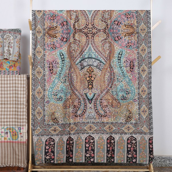 Charcoal Kalamkari Shawl With Paisley Motifs