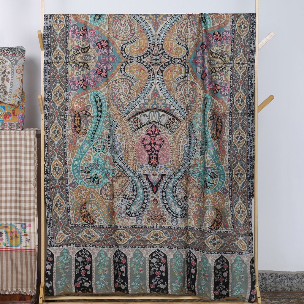 Cobalt Kalamkari Shawl With Mihrab Border