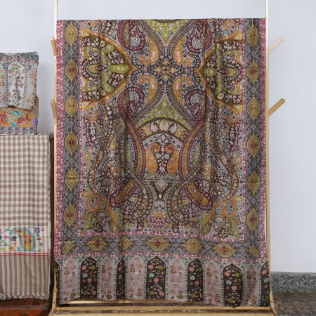 Deep Cobalt Kalamkari Shawl With Mihrab Border
