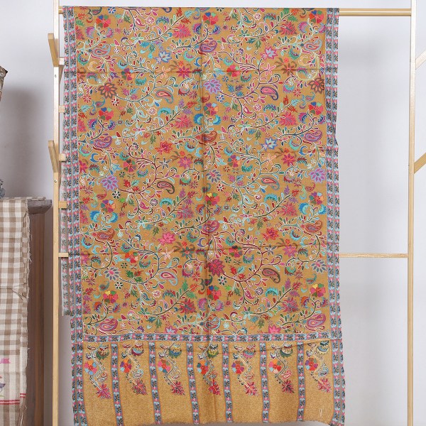Mustard Kalamkari Stole With Floral Motifs