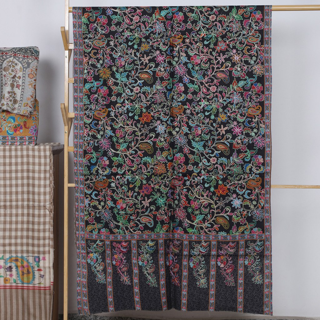 Black Kalamkari Stole With Floral Motifs