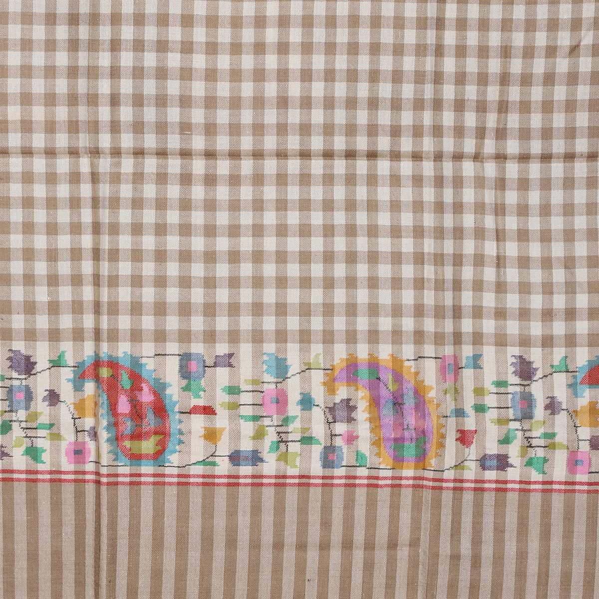 Beige And White Checkered Pure Pashmina Shawl With Paisley Motifs - Image 2