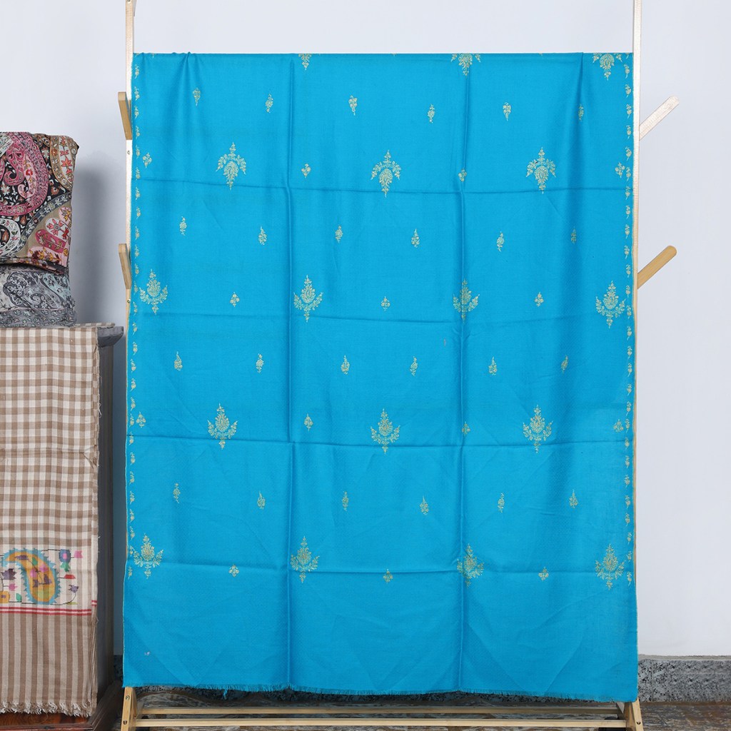 Ferozi Blue Pure Pashmina Shawl With Delicate Tilla Buti