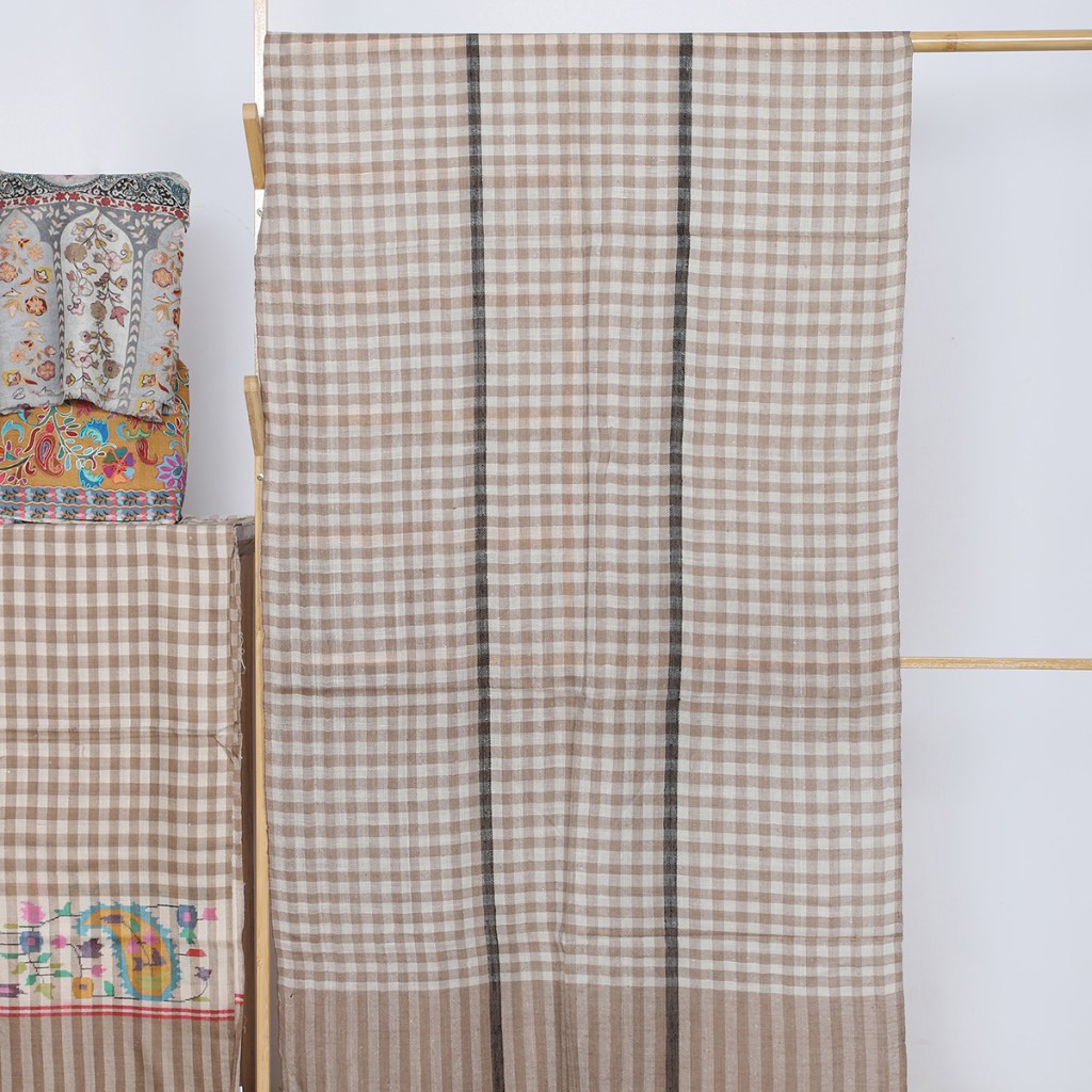 Beige And White Striped Checkered Pure Pashmina Stole