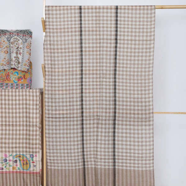 Beige And White Striped Checkered Pure Pashmina Stole