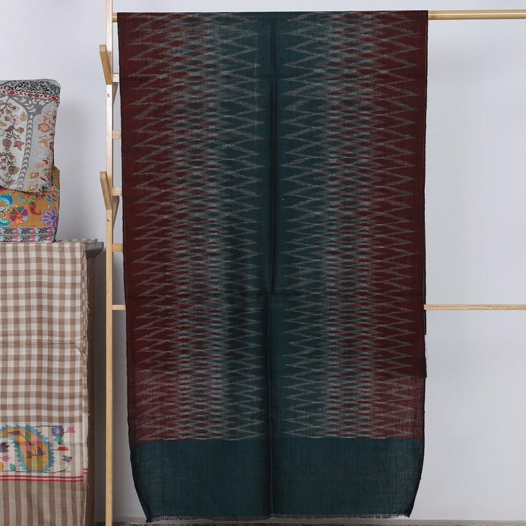 Dark Green And Maroon Handwoven Ikat Pure Pashmina Stole