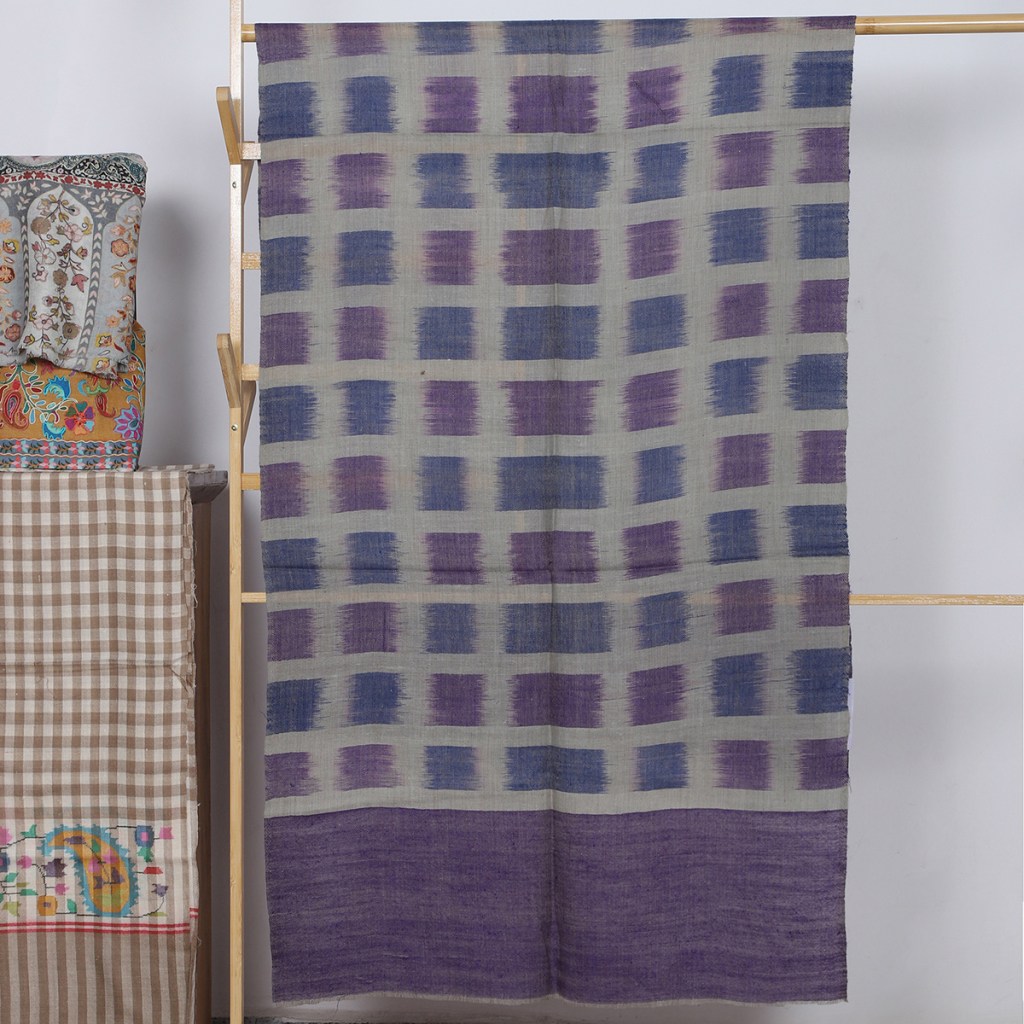 Grey And Purple Handwoven Ikat Pure Pashmina Stole