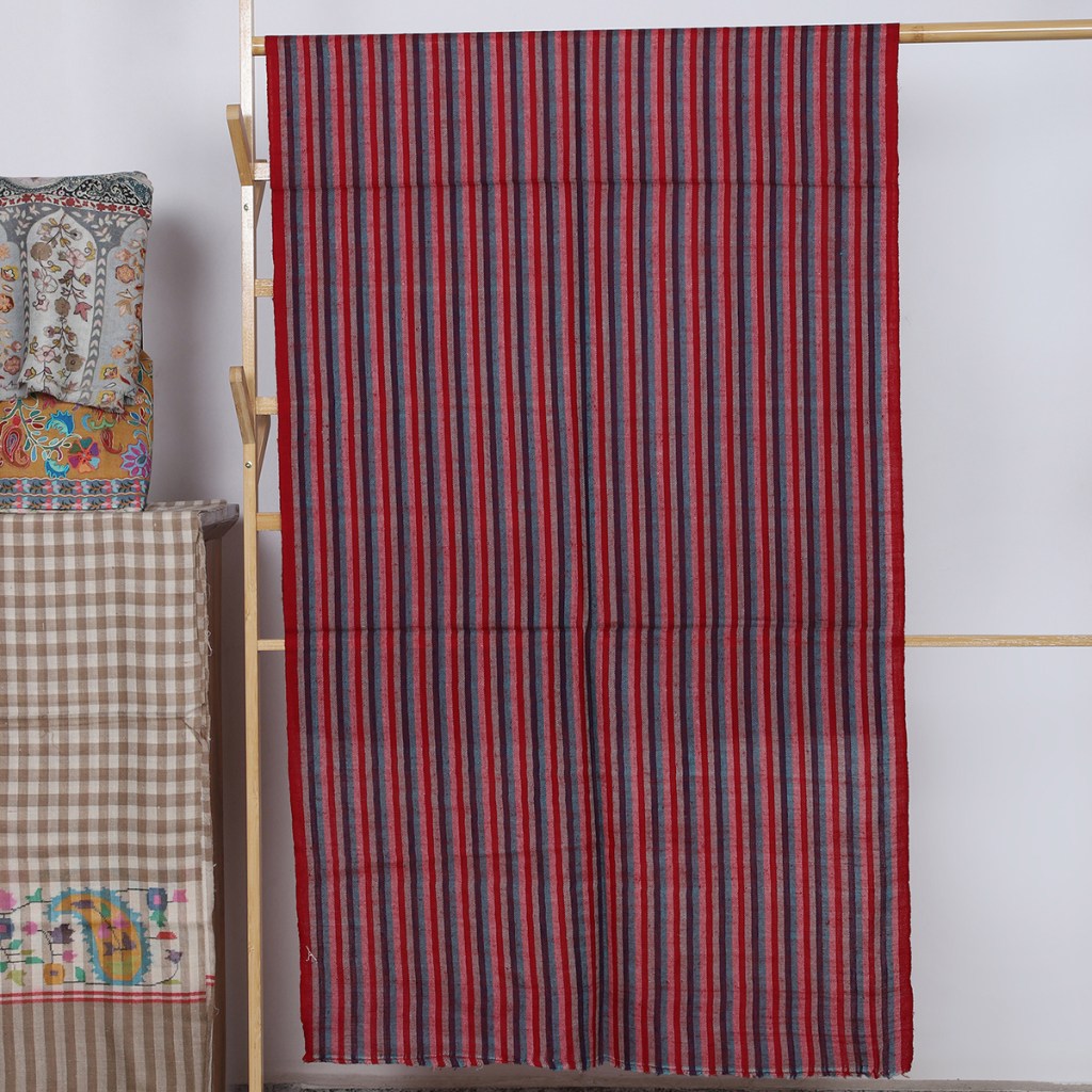 Red And Grey Handwoven Striped Pure Pashmina Stole