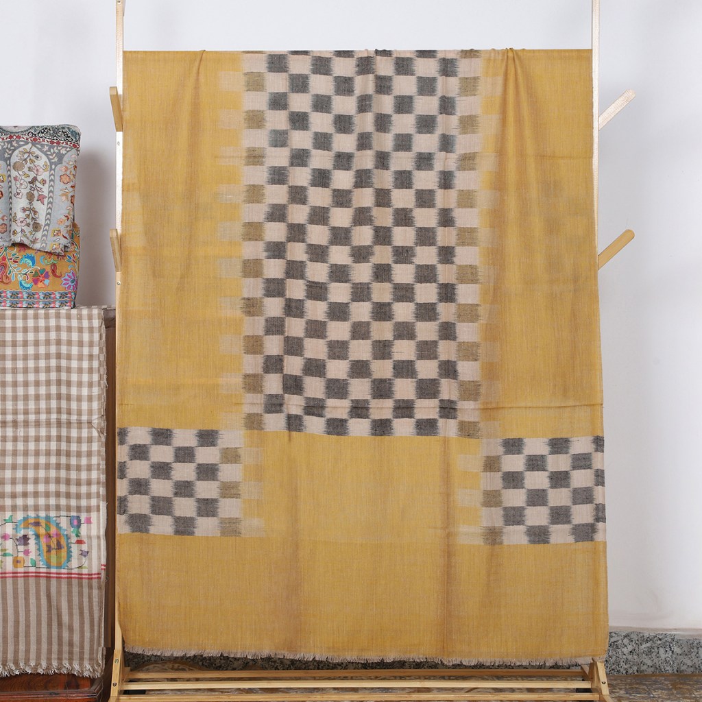Mustard And Grey Handwoven Ikat Pure Pashmina Shawl