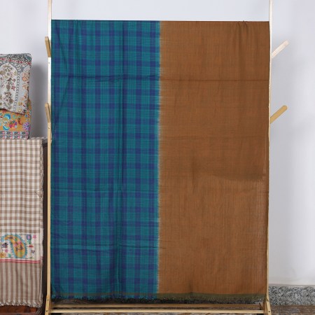Teal And Rust Brown Handwoven Pure Pashmina Shawl With Ikat Weaving