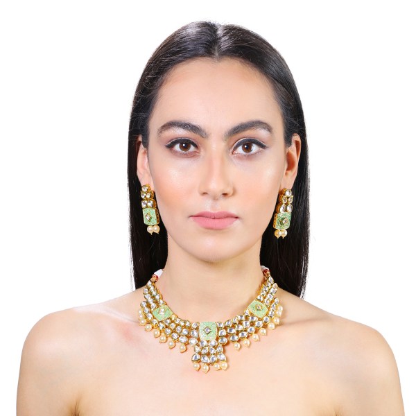 Gold Plated Kundan With Faux Pearl & Green Enameled Necklace Set