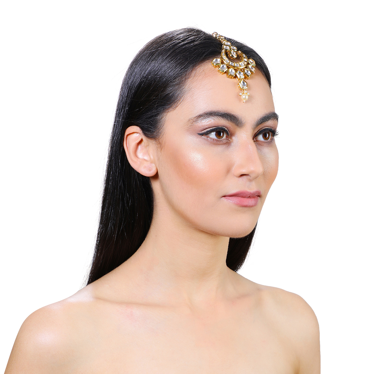 Gold Plated Kundan Maangtikka With Pearls Drop - Image 2