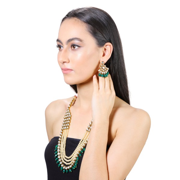 Gold Finish Layered Kundan And Pearls Necklace Set