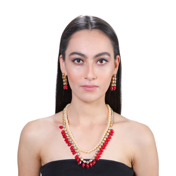 Gold Plated Layered Kundan And Pearls Necklace Set
