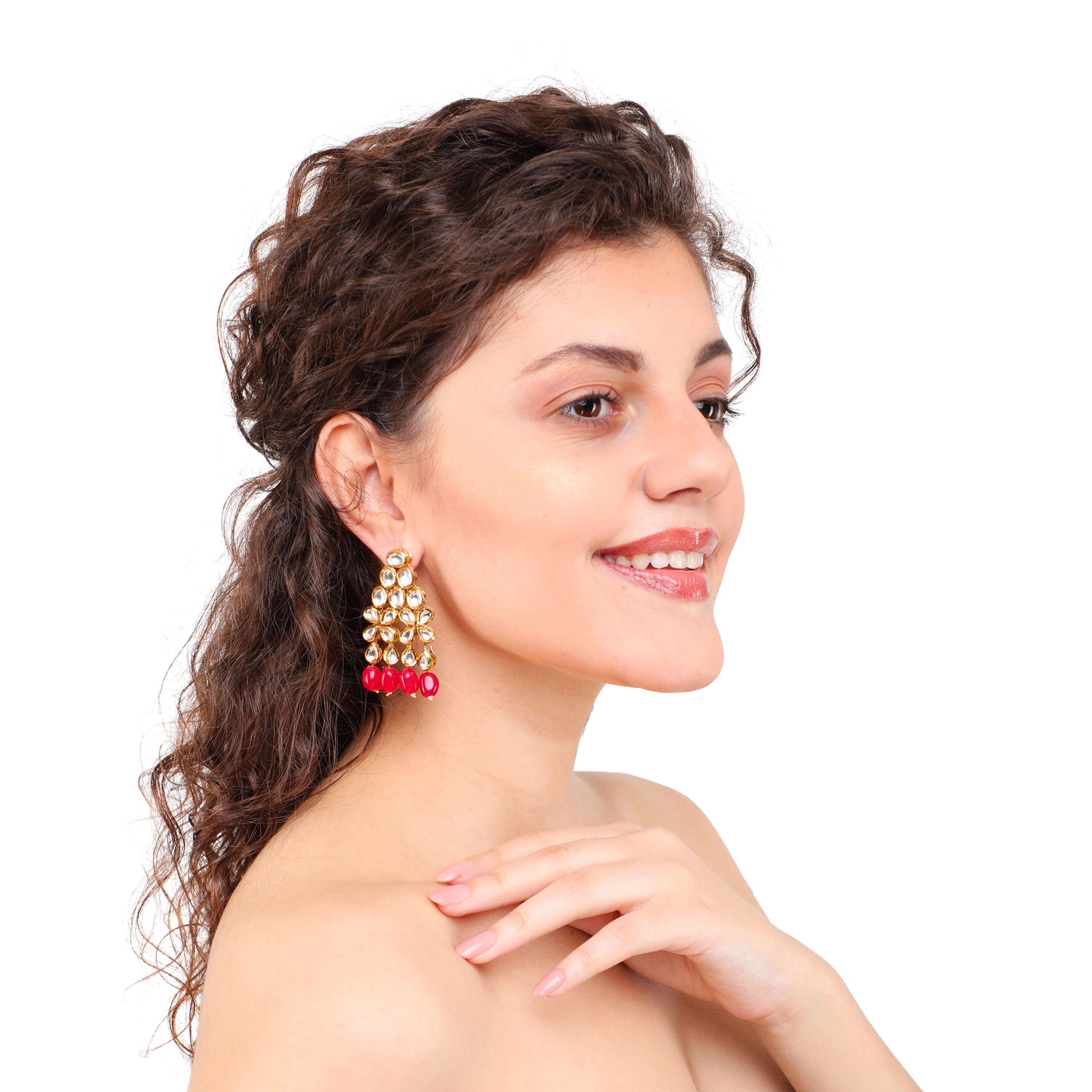Gold Plated Kundan Earings With Pink Stone - Image 3