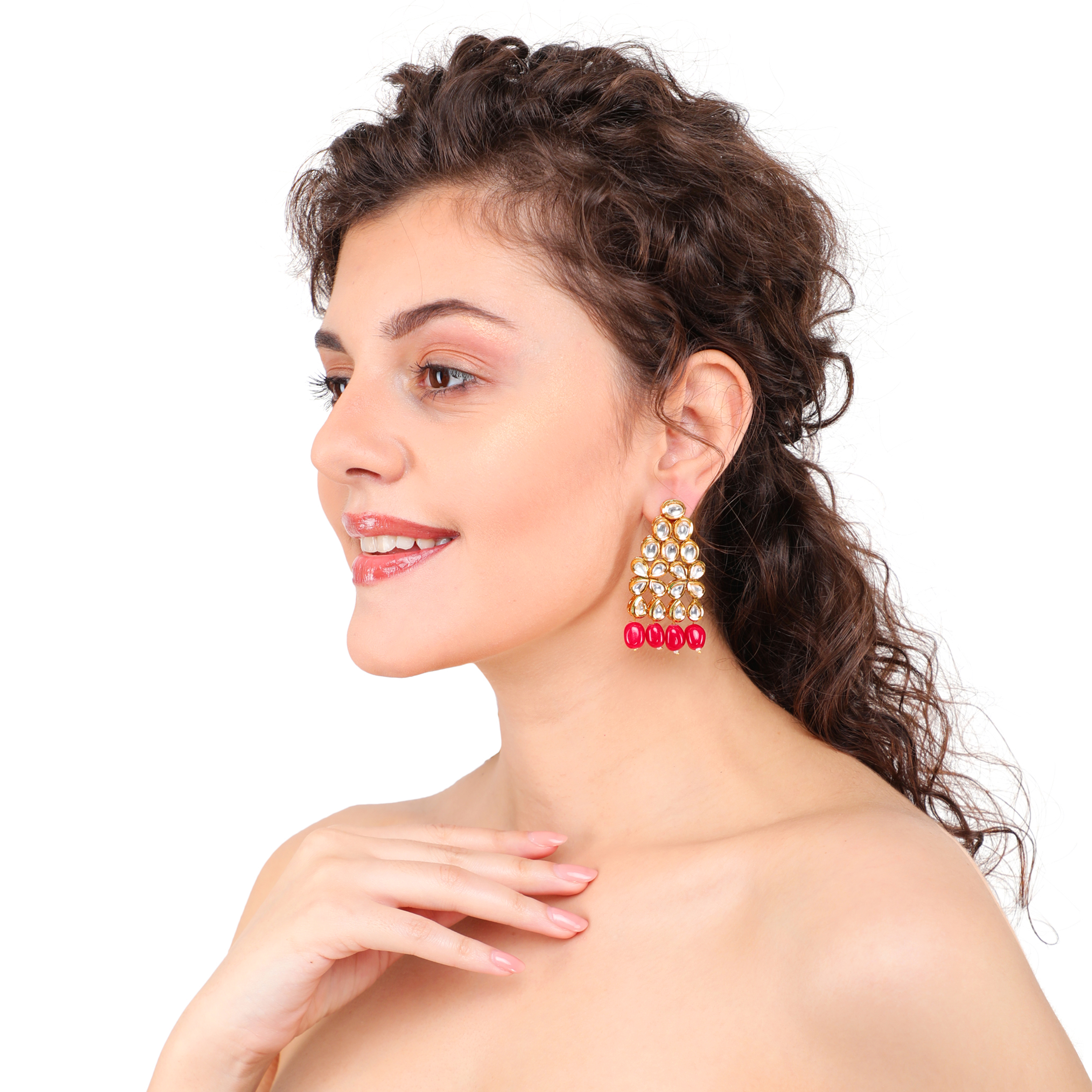 Gold Plated Kundan Earings With Pink Stone - Image 2