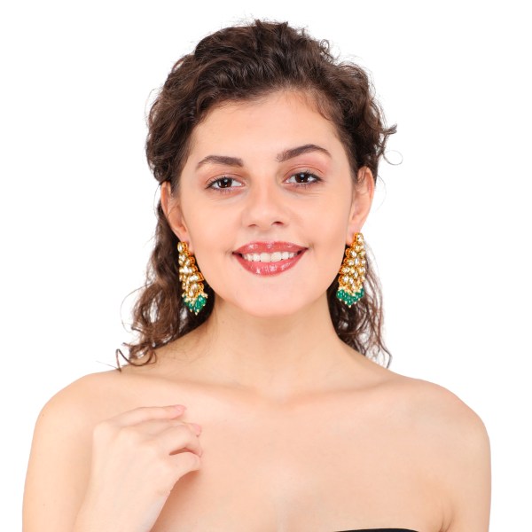 Gold Plated Green And Kundan Stones Earrings