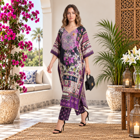 Deep Purple Digital Print Kaftan Co Ord Set