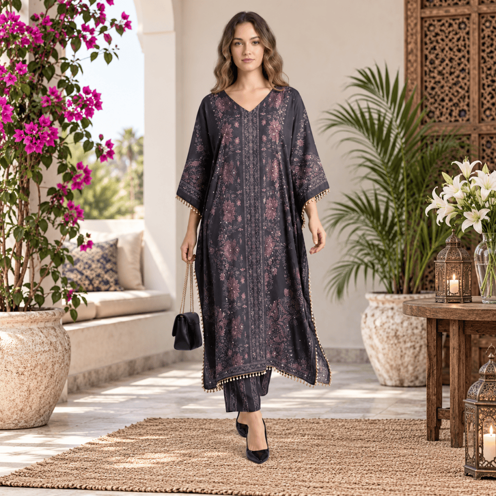 Dark Charcoal With Dusty Mauve Digital Print Kaftan Co Ord Set