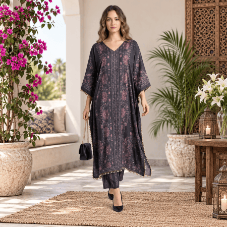 Dark Charcoal With Dusty Mauve Digital Print Kaftan Co Ord Set