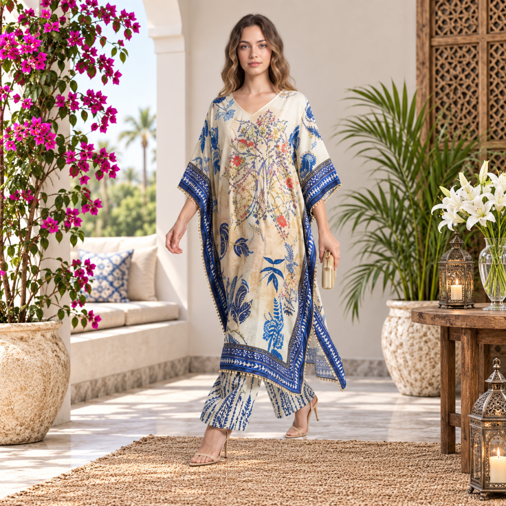 Off-White With Royal Blue Digital Print Kaftan Co Ord Set