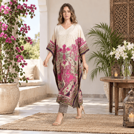 Ivory With Magenta Pink Digital Print Kaftan Co Ord Set